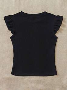 Set de 2 tops de camiseta de cuello redondo ajustados de tela acanalada en negro y rojo rosa, apropiados para verano con mangas con volantes, adecuados para salir - Multicolor 8 - Ver 7