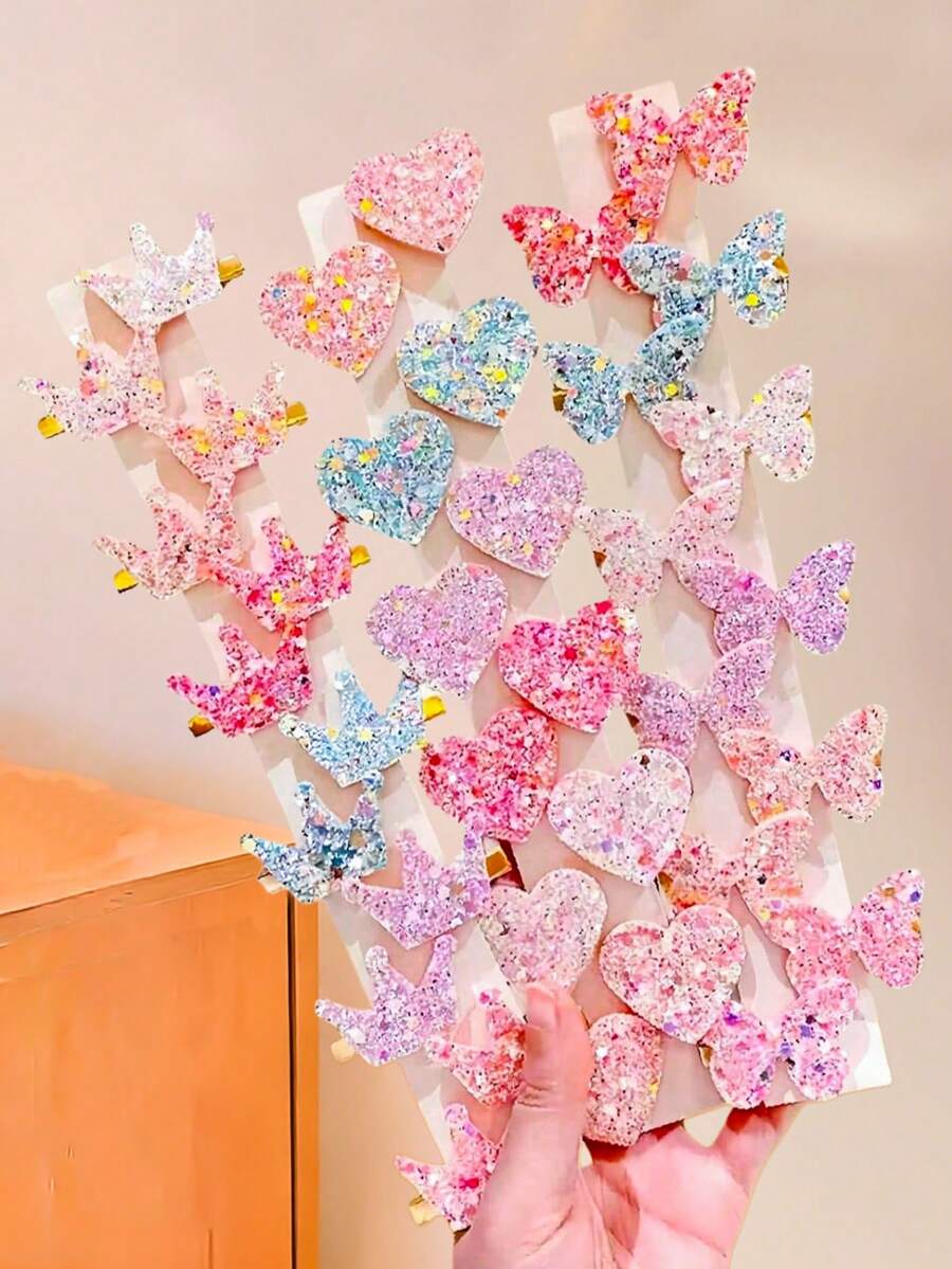 18 st/set färgglada glitterhårspännen, inkluderar krona, hjärta, fjäril och fler designer - lämplig för tjejer, kan ge en söt och livlig känsla till vardags-, skol-, fest- och högtidsfrisyrer, perfekt present till mors dag - Multifärgad - Visa 1
