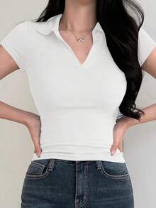 Camiseta polo de manga corta de ajuste ceñido de unicolor para mujer, casual de verano, casual de negocios, tops estilo universitario para mujer - Blanco - Ver 6