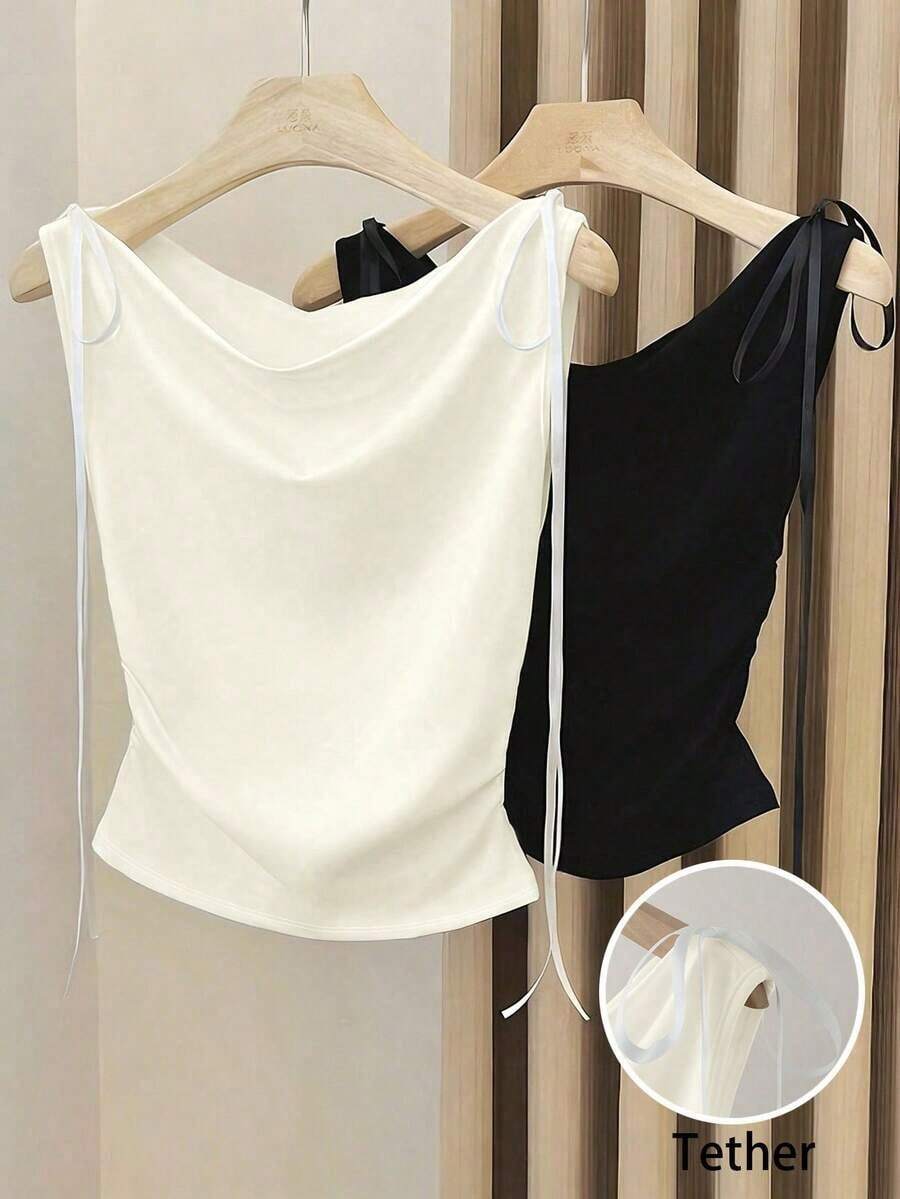 Blusa sin mangas de seda de leche blanca con cuello de barco, diseño de lazo en la cintura, estilo sexy, ideal como regalo de cumpleaños, para citas, fiestas o el trabajo.Diseño versátil y elegante para primavera y verano. - Albaricoque - Ver 1