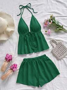 Conjunto de 2 piezas de vacaciones para mujer, top de tirantes con escote en V con textura rojo y shorts sueltos extremadamente cortos, adecuado para citas, fiestas y paseos por la ciudad - Verde Oscuro - Ver 4