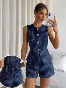 Conjunto de chaleco y pantalones cortos de rayas con botones delanteros para mujer, casual/para ir al trabajo - Azul marino - Ver 7