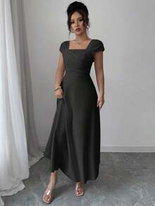 Vestido elegante de manga raglán y cuello cuadrado con detalle cruzado en el busto, de unicolor para mujeres - Negro - Ver 5