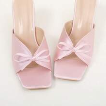 Sandálias Mule de Bico Quadrado com Laço de Cetim Rosa, Saltos Altos Assimétricos com Círculo Vazado Dourado, Adequados para Festas e Banquetes Elegantes para Combinar com Vestidos - Rosa chiclete - Visão 7