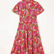 Bohemian Style Rose Print Short Sleeve Low Waist Dress Pink Vacation Summer Elegant - Rosa - Ver 6