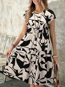 Vestido de mujer de manga corta con cuello redondo y estampado geométrico de verano - Negro - Ver 6
