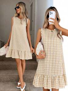 Vestido de verano estilo bohemio con cuello redondo sin mangas y corte evasé a dos colores a cuadros, vestido esencial para vacaciones y uso diario al aire libre - Caqui - Ver 1