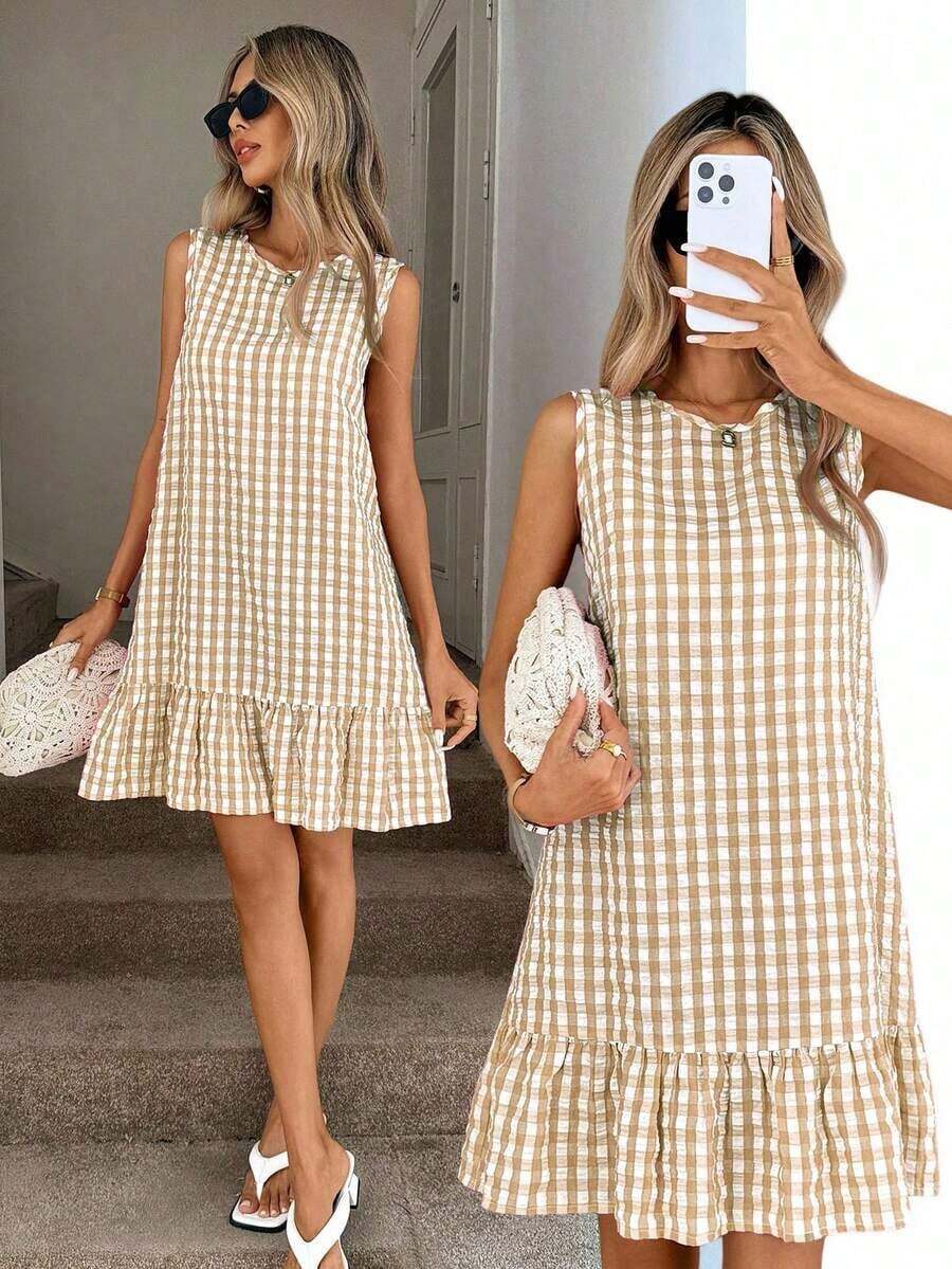 Vestido de verano estilo bohemio con cuello redondo sin mangas y corte evasé a dos colores a cuadros, vestido esencial para vacaciones y uso diario al aire libre - Caqui - Ver 1