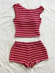 Eduarda Gutierrez  Conjunto de 2 piezas para mujer con top corto de punto a rayas y shorts ajustados de tiro súper bajo, atuendo adecuado para vacaciones, fiestas, Navidad, San Valentín, citas, playa, crucero, carnaval, Pascua, Año Nuevo Chi - Rosa Fucsia - Ver 8