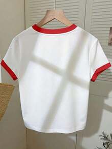 Camiseta casual de mujer con bloque de color y bordado de limón en cuello redondo - Blanco 9 - Ver 2