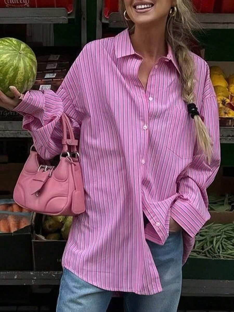 Camisa de manga larga con estampado de rayas, versátil y casual para vacaciones, para mujer - Rojo violeta - Ver 1