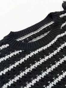 Blusa de mujer de punto a rayas sin mangas, blusa ligera de cuello redondo con volante en el bajo de manga corta, color negro - Multicolor 7 - Ver 7