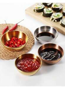 6 cái/8 cái đĩa chấm nước sốt phong cách Hàn Quốc bằng thép không gỉ, đĩa nhỏ thương mại, bát chấm lẩu, đĩa nước tương, dung tích 110ml - Vàng - Xem 8