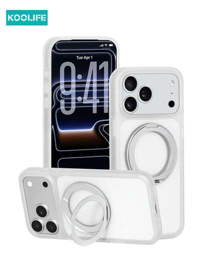 Koolife 1pc Clear 360° Rotatable Magnetic Phone Case, PC+TPU Matte Transparent Shockproof Cover With Ring Stand, Compatible With Apple 17/17pro/17promax/17Air/16/15/14/13