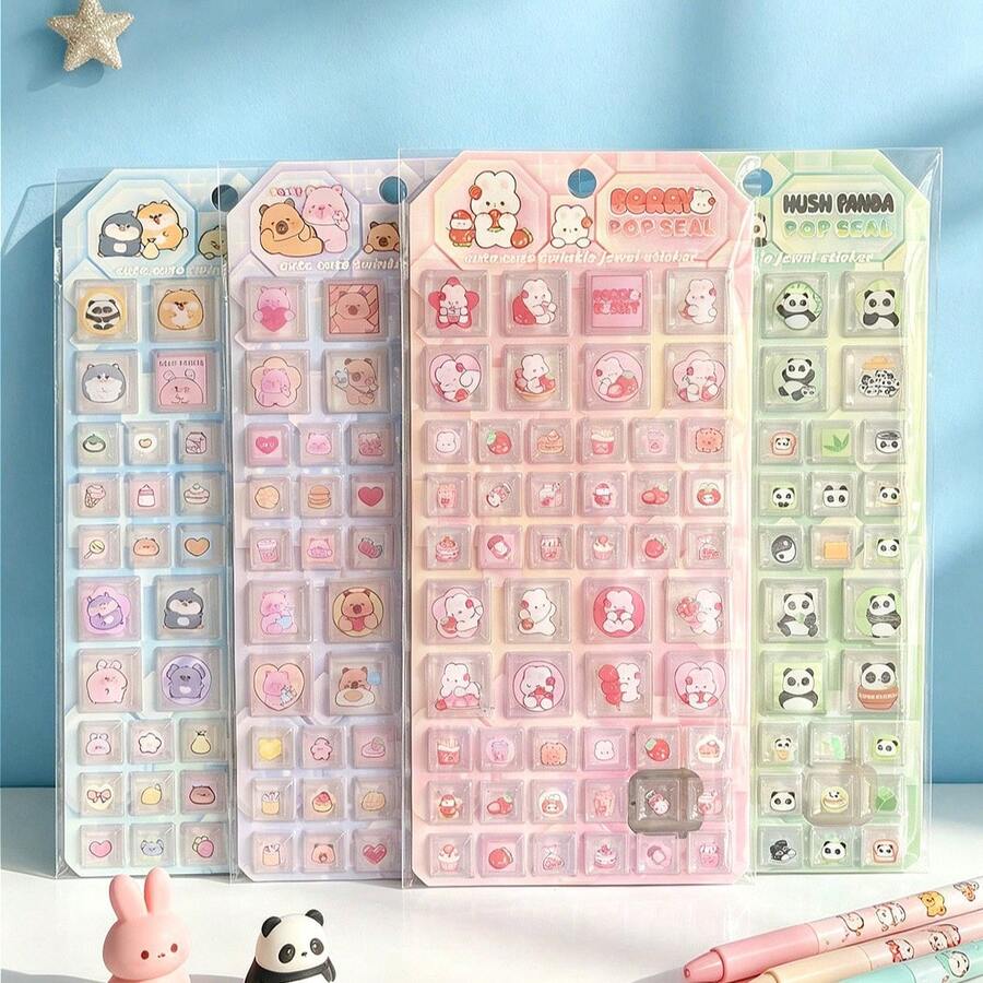 3D Cartoon Animal Stickers, Strawberry Rabbit Shaped Raised 3D Design Self-Adhesive Educational Reward Stickers, DIY Craft Gift Decorative Stickers - Multicolor - View 1