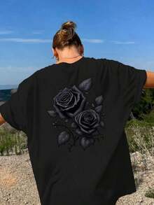 Ten-Piece Set Of Plus-Size Women's Spring-Summer T-Shirts, Round Neck, Dropped Shoulders, Comfortable And Loose, With Oversized Print -- Minimalist Cotton Short-Sleeve T-Shirt For Everyday Wear, Breathable And Comfortable. - Black - View 2