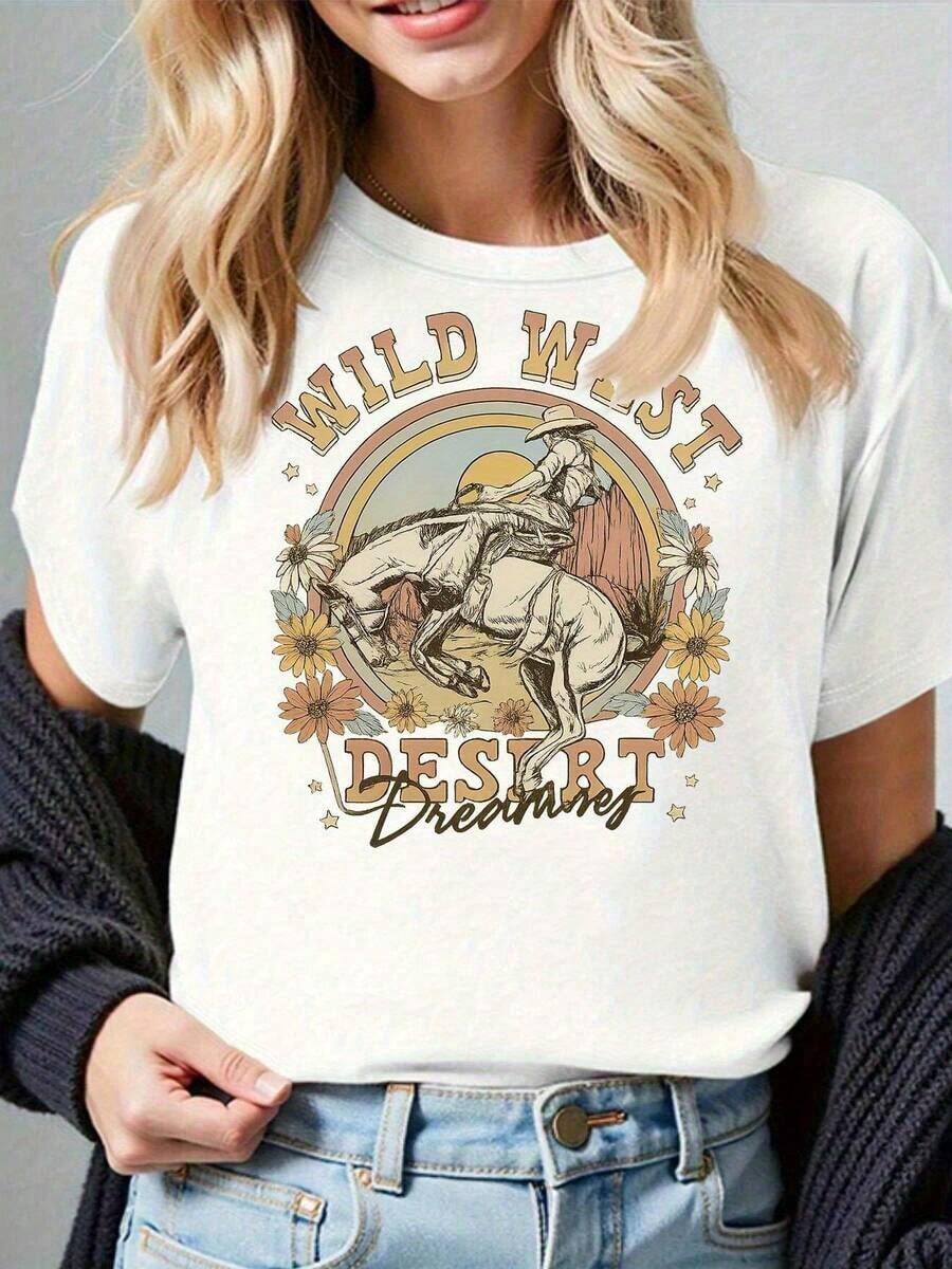 Camiseta Casual de Algodón 100% con Diseño Estampado para Mujer - Camiseta Casual de Manga Corta y Cuello Redondo con Estampados de Cactus y Paisajes del Desierto, Ideal para Fiestas de Temática Occidental y Uso Casual, Disponible en Todas las Temporadas (Gris/Blanco/Rojo) - Tops de Verano 2026, Ropa de Uso Diario para Mujer, Adecuada para primavera, verano y otoño. - Blanco - Ver 1