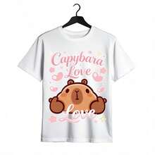 Tops para mujer de Algodón con Estampado de Capibara para Mujer, Manga Corta, Cuello Redondo, Estilo Casual - Blanco - Ver 2