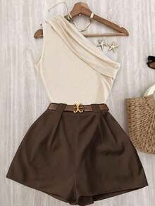 Conjunto de top plisado de hombro de color marrón sólido y elástico para uso casual y pantalones blancos de cintura elástica - Multicolor 2 - Ver 6