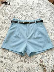 Set Of 3 Women's High-Waisted Tailored Shorts With 1 Belt - 1 Pastel Blue, 1 Black, 1 White - View 6