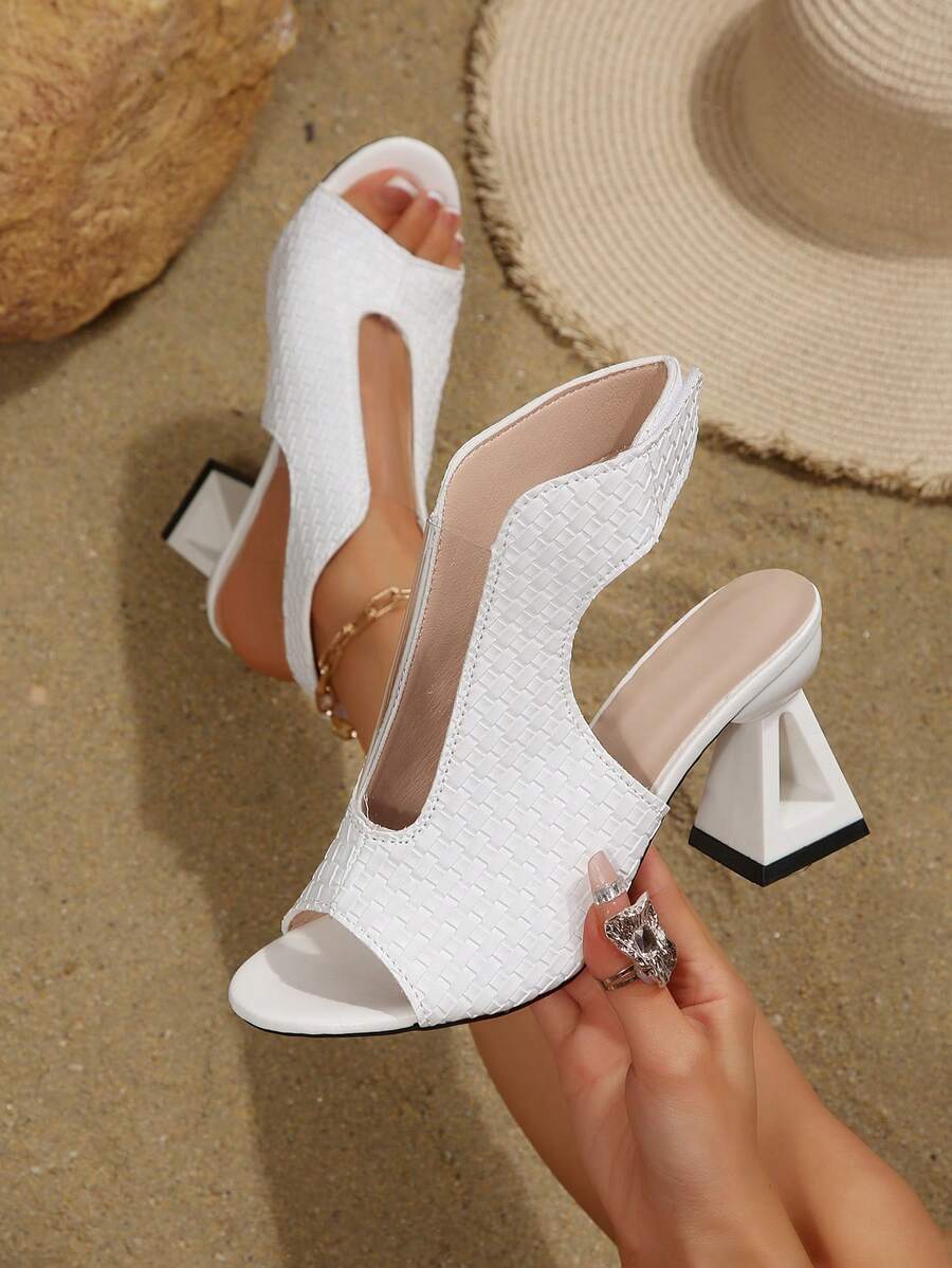 2026 Summer New Open-Back Woven Thick Heel Sandals For Women, Elegant Peep-Toe High Heel Sandals, Versatile Soft Bottom Non-Slip Pumps, Suitable For Commuting, Dating, Street, Vacation, Slip-On Design, Minimalist Chic Style, Multi-Color Options, Comfortable Thick Heel, Square Toe Shape, Woven Upper Adds Sophistication, Soft Material Fits Foot Closely, Non-Slip Outsole For Outings, A Must-Have Fashionable Item For Summer - White - View 1