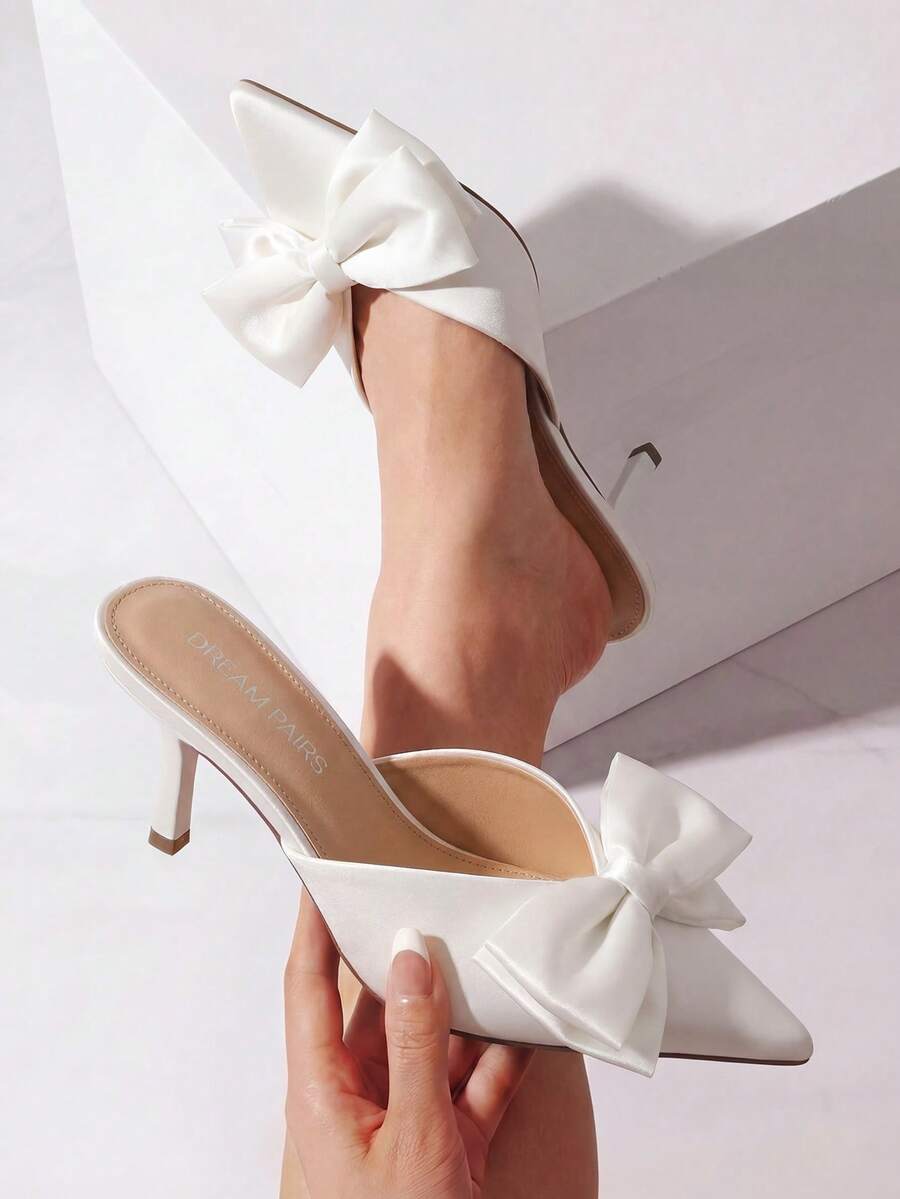Dream Pairs Women's Pointed Toe High Heel Mules With Double Bow Detail - White - View 1
