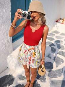 Mono de mujer con estampado de frutas y parches de colores, de uso casual y versátil para el uso diario - Rojo - Ver 9