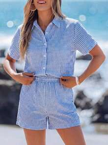 Conjunto informal de dos piezas de camisa a rayas de colores y pantalones cortos, ideal para vacaciones - Azul - Ver 7