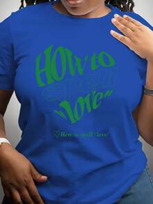 Camiseta clásica con estampado tipográfico de "How to Spell Love Heart", manga corta informal, ropa de verano para mujer, longitud regular, adecuada para la oficina, atuendos para ir al trabajo, prenda básica más vendida. - Azul - Ver 3
