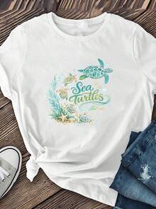 Camiseta de manga corta con estampado clásico de "tortugas" bajo el agua, diseño de colonia de tortugas ecológicas, top de primavera/verano para mujer, ropa de verano para mujer, camiseta de cuello redondo para primavera/verano, adecuada para la vida universitaria, como prenda básica para combinaciones y para el uso diario. Éxito de . - Blanco - Ver 3