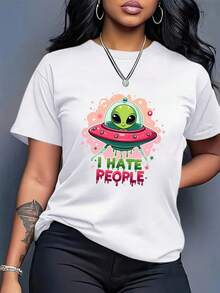 Plus Size Women's Clothing, Loose And Fun Alien Print "I Hate Humans" T-Shirt - Casual White Urban Style Top With Green Alien And Pink UFO Designs, Comfortable And Breathable Fabric Suitable For Everyday Wear And Parties, Casual Summer Round Neck Blouses For Women. Women's Summer Graphic Tees. Women's Casual Printed T-Shirt, Short Sleeve And Round Neck, Local Spring/Summer Urban Fashion. - 白色 - 查看 8