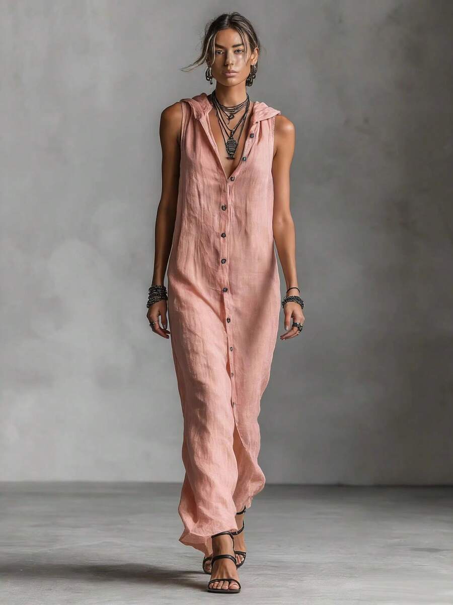 Nuevo 2026 Vestido Largo con Capucha Un Botonado Sin Mangas Corte Holgado Casual Mujer 2026 - Burdeos - Ver 1