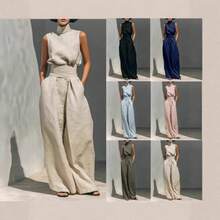 New 2026 Women's Two Piece Set Cotton Linen Sleeveless Casual Pants Spring Summer - Hijau Tentara - View 3