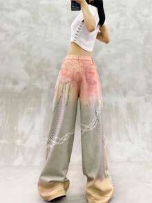 Pantalones vaqueros de tiro alto para mujer, lavado degradado rosa amarillo con aplique de perlas y flores, corte amplio palazzo, estilo informal y trendy para uso diario y vacaciones de verano. - Multicolor - Ver 4