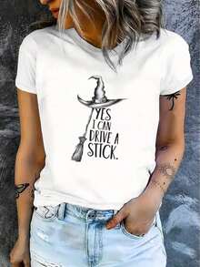 Camiseta Casual de Manga Corta para Mujer, 1 Pieza, Cuello Redondo Cómodo y Suave, Blusa Adorable para Halloween, Camisa > Hermosa. - Blanco - Ver 3