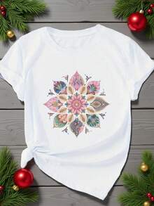 Camiseta deportiva de manga corta para mujer de talla grande, cómoda y elegante, para el deporte y la vida diaria, con estampado floral. - Blanco - Ver 2