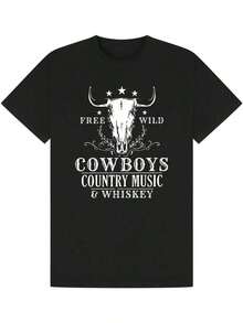 Women's Simple Loose Fit T-Shirt, Modern Style, 100% Cotton, Western Cowgirl Graphic T-Shirt | Casual Short-Sleeve T-Shirt With A Round Neck And A Bull Skull And Cowboy Boot Print, Featuring A Country Music And Whiskey Design. Lightweight And Machine Washable For All Seasons, Ideal For Spring And Summer Outfits. Comfortable, Soft, And Simple Short-Sleeve T-Shirt For Everyday Wear. - 黑色 - 查看 3
