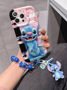 Disney Lilo & Stitch Phone Case With Stitch Charm And Stitch Lanyard - Cute Stitch Protective Case With Hibiscus Flower And Pink Striped Background Design, Equipped With Delicate Stitch Decorative Lanyard And Beaded Bracelet For Easy Carrying, Compatible With IPhone 17, 16, 15, 14, 13, 12, 11 Pro Series, Ideal For Birthdays, Holidays, Anniversaries, Graduation Gifts, Or Any Special Occasion To Surprise Family, Friends, Classmates, And Loved Ones. - trắng - Xem 3