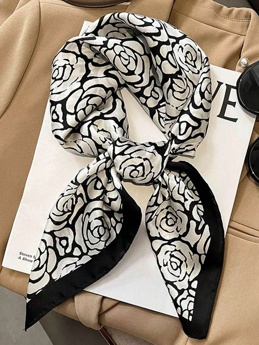 1pc Versatile Elegant Professional Flight Attendant Style Neckerchief - Black and White Rose - View 1