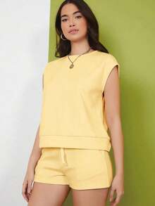 unicolor de manga murciélago Top & de cintura con cordón Shorts - Amarillo - Ver 3