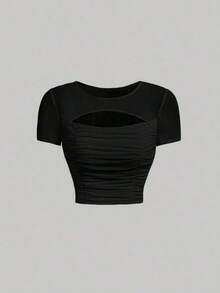 Camiseta casual de mujer con bordado de encaje transparente, adecuada para citas y viajes - Negro - Ver 5
