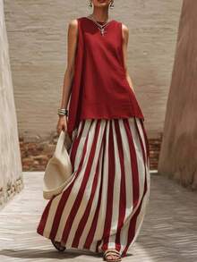 Plus Size Women's Minimalist Black Vest And Black And White Striped Dress Two-Piece Set, Loose Version Summer Wear, Suitable For Beach And Daily Life - Màu xanh lam - Xem 2