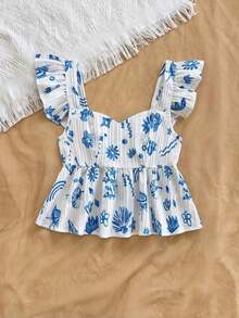 Camisa de mujer de manga corta para vacaciones de primavera/verano, de tela texturizada, adecuada para festival de música, estilo bohemio, citas de vacaciones, tarde de té - Azul y blanco - Ver 5