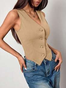 Chaleco de punto ajustado de unicolor con cuello en V sin mangas para mujer, atuendos de verano, atuendos de verano para mujer, atuendos de vacaciones de verano, Día de San Valentín, atuendos de vacaciones para mujer, atuendos de vacaciones en la pl - Caqui - Ver 6