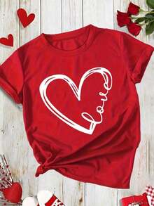 SimpieAndVersatileDesignMujer casual blusa urbana corazón LOVE artístico estampado blanco tela suave diseño holgado cuello redondo manga corta primavera verano uso diario y reuniones blusaCottonT-Shirt - Rojo - Ver 1