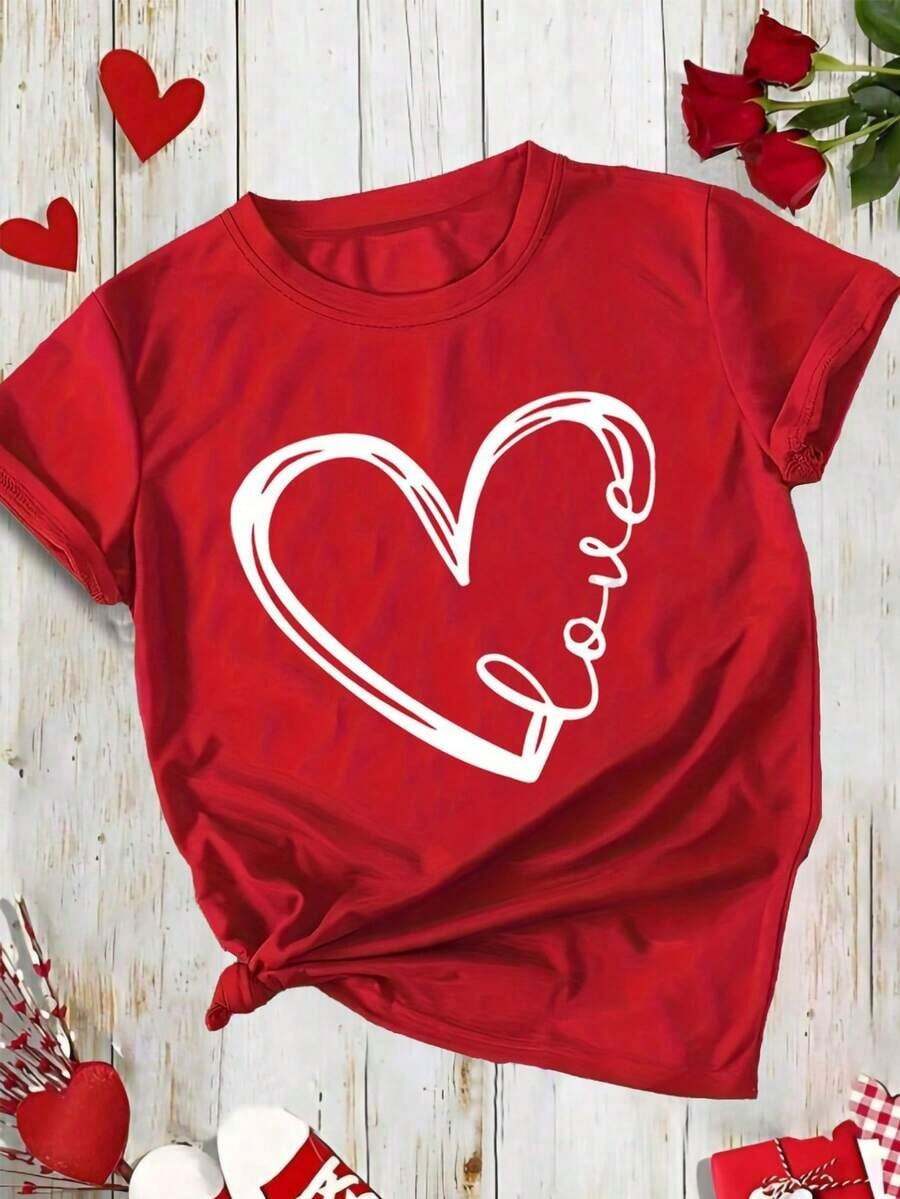 SimpieAndVersatileDesignMujer casual blusa urbana corazón LOVE artístico estampado blanco tela suave diseño holgado cuello redondo manga corta primavera verano uso diario y reuniones blusaCottonT-Shirt - Rojo - Ver 1