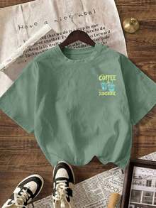 Camiseta gráfica COFFEE CLUB, camiseta casual de manga corta con cuello redondo para mujer, adecuada para verano, vacaciones, playa rosa. - Vert - Ver 3
