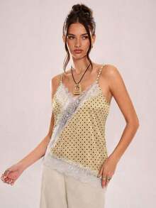 Camiseta de tirantes asimétrica con entrelazado de encaje transparente - Amarillo - Ver 3