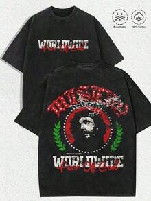 Camiseta Lavada de Moda para Hombre y Mujer 2026, 1 Pieza, Estampado 'Retro Streetwear 'WORLDWIDE' con Letras Desgastadas y 'MASTER' en la Espalda, Letras con Tachuelas, Retrato con Círculo Rojo y Corona Verde, Camiseta Negra, Estética Vintage Desgastada, Ropa de Primavera/Verano para Hombre y Mujer, Camiseta de Corte Regular, Ideal para Fiestas Navideñas y de Estilo Urbano, Top Casual para Hombre y Mujer, Son Excelentes Regalos para Entusiastas del Streetwear, 100% Algodón, Diseño Joven y Atrevido, Camisetas Gráficas para Hombre, Camisetas Gráficas para Mujer, Moda Urbana, Estilo Callejero, Reuniones Informales, Eventos, Ocio Diario (Camiseta Unisex de Arte Callejero Retro, Pieza Destacada para Navidad) - Negro - Ver 1