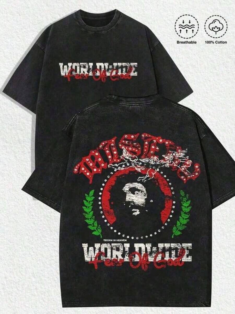 Camiseta Lavada de Moda para Hombre y Mujer 2026, 1 Pieza, Estampado 'Retro Streetwear 'WORLDWIDE' con Letras Desgastadas y 'MASTER' en la Espalda, Letras con Tachuelas, Retrato con Círculo Rojo y Corona Verde, Camiseta Negra, Estética Vintage Desgastada, Ropa de Primavera/Verano para Hombre y Mujer, Camiseta de Corte Regular, Ideal para Fiestas Navideñas y de Estilo Urbano, Top Casual para Hombre y Mujer, Son Excelentes Regalos para Entusiastas del Streetwear, 100% Algodón, Diseño Joven y Atrevido, Camisetas Gráficas para Hombre, Camisetas Gráficas para Mujer, Moda Urbana, Estilo Callejero, Reuniones Informales, Eventos, Ocio Diario (Camiseta Unisex de Arte Callejero Retro, Pieza Destacada para Navidad) - Negro - Ver 1